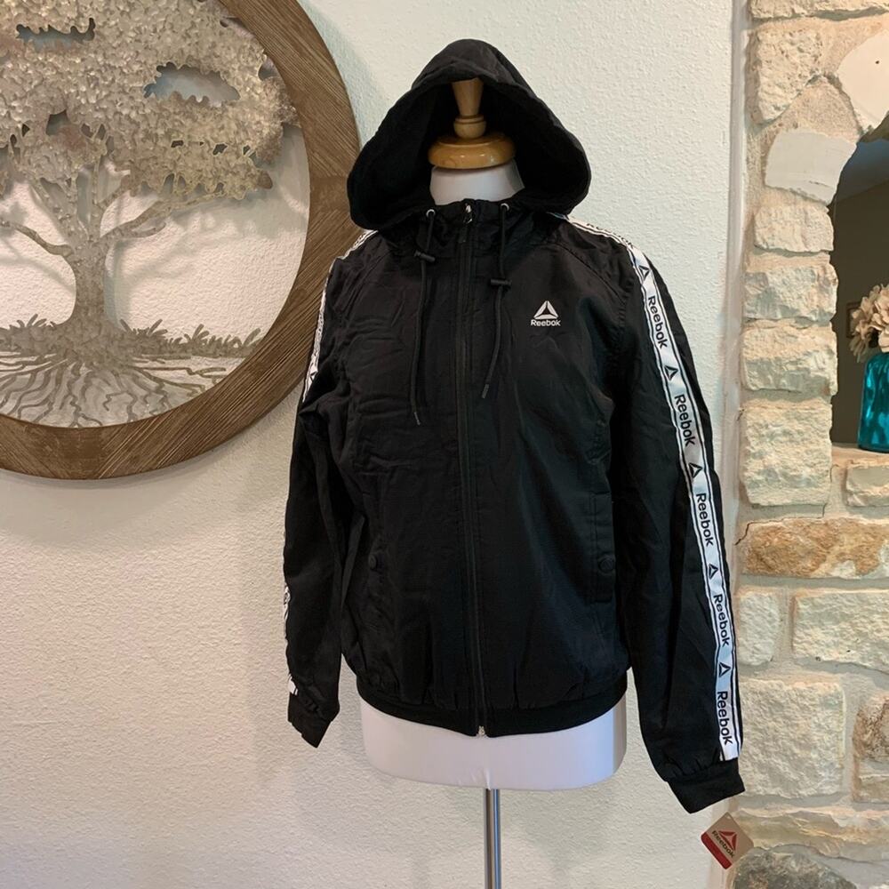 NWT Reebok Full Zip Hooded Logo Track Jacket Black White Large